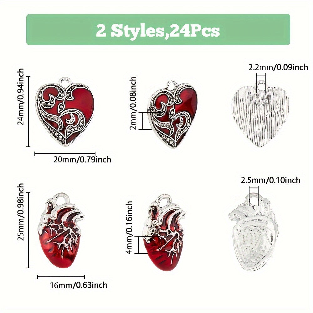 OLYCRAFT 1 Box 24 Pieces 2 Styles Alloy Enamel Pendant, Heart Pendant, Silver 24~25x16~20x2~4mm, Hole Diameter: 2.2~2.5mm, Each Style 12 Pieces