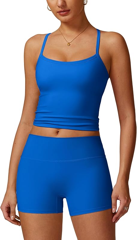 Workout Sets for Women 2 Piece Padded Sports Bra Tank High Waist Booty Gym Shorts Active Yoga Outfits