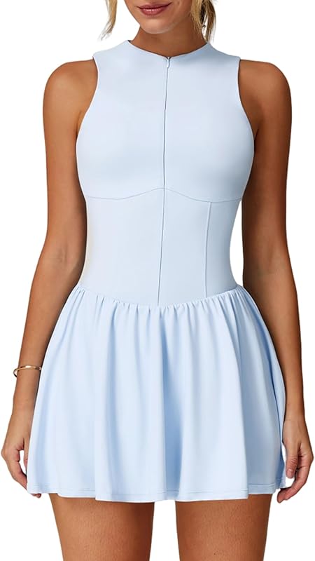 Womens Tennis Golf Dress with Built-in Bra Shorts Zipper Slim Fit A-line Hem Skirt Athletic Dresses with Pockets