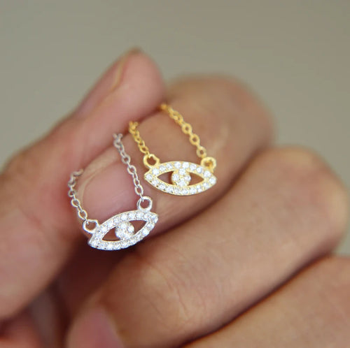 100% 925 Sterling Silver Minimal Delicate Micro Pave Clear CZ Link Chain Cute Lovely Turkish Evil Eye Cross Charm Necklace