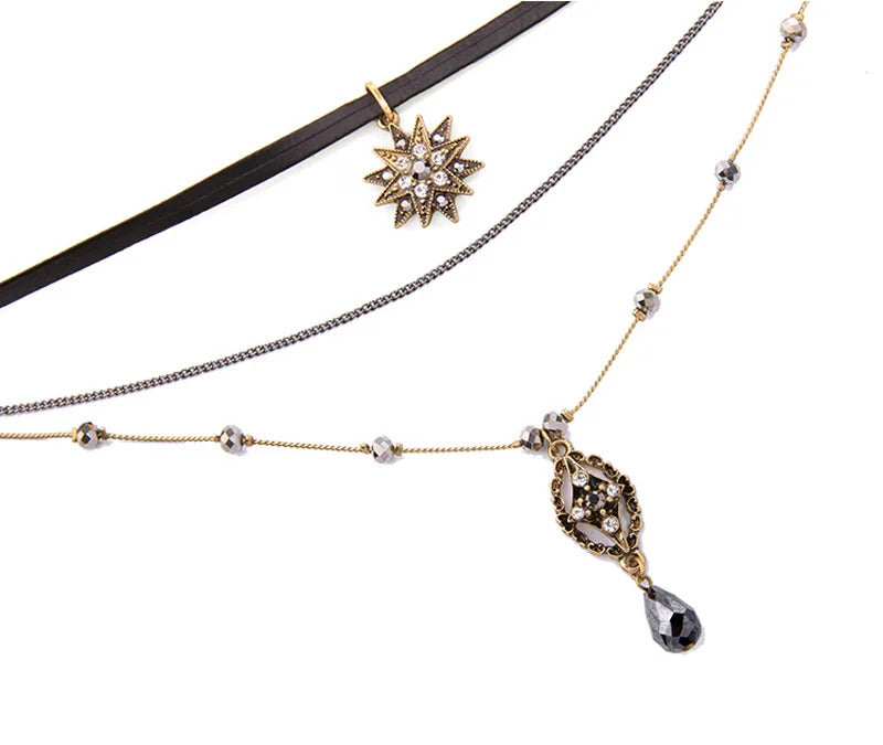 Women Necklace Multi 3 Layer Gothic PU Leather Choker Vintage Chain Metal Stone Star Cross Drop Pendant Lady Separated Necklaces