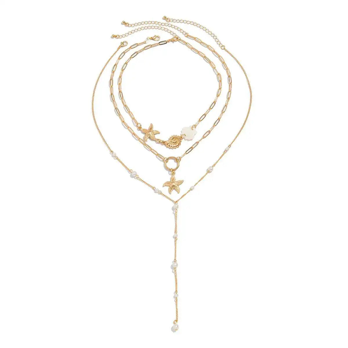 PuRui Trendy Exquisite Round Imitation Pearl Necklace for Women Conch Starfish Pendant 3Pcs/Set Metal Clavicle Chain Jewelry