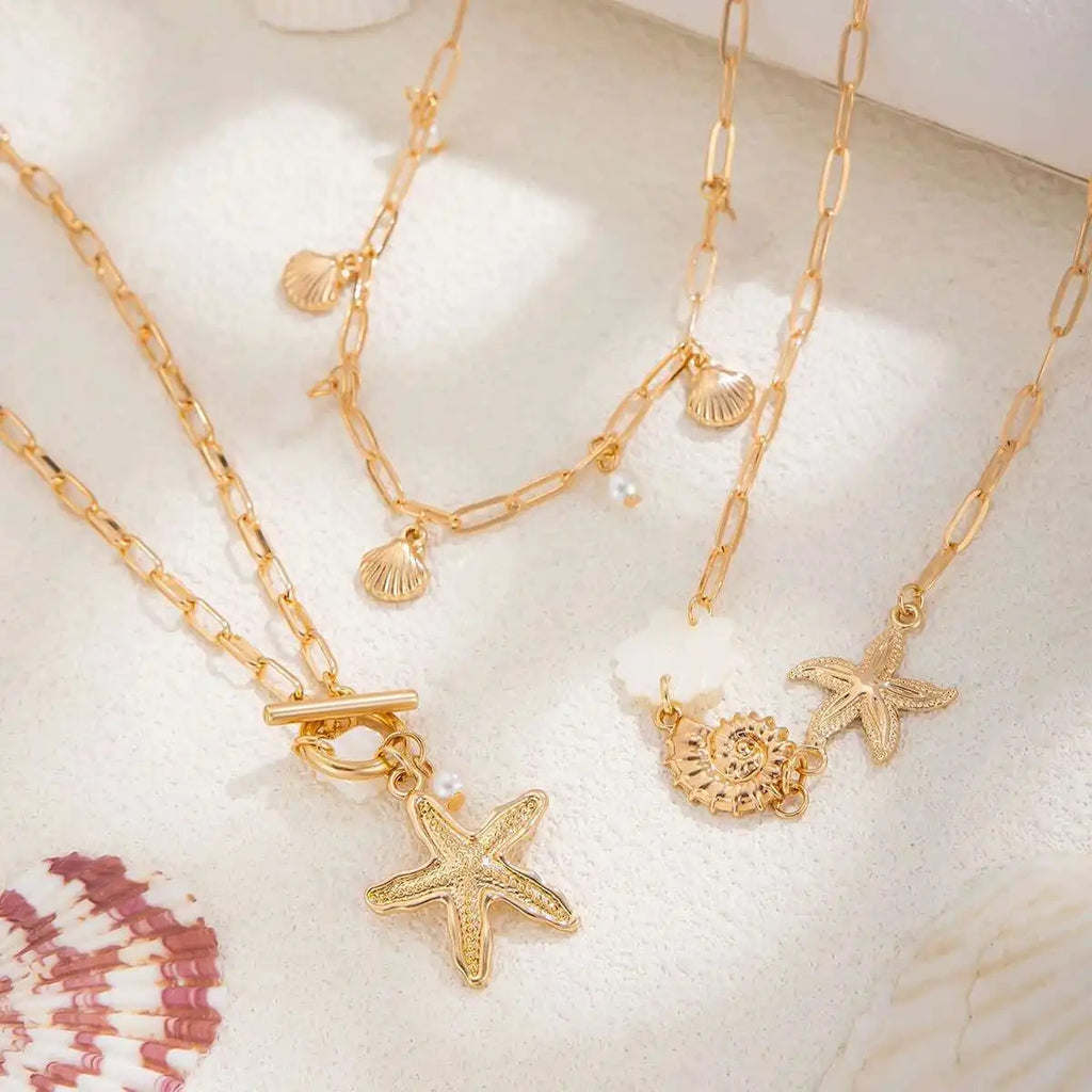 PuRui Trendy Exquisite Round Imitation Pearl Necklace for Women Conch Starfish Pendant 3Pcs/Set Metal Clavicle Chain Jewelry