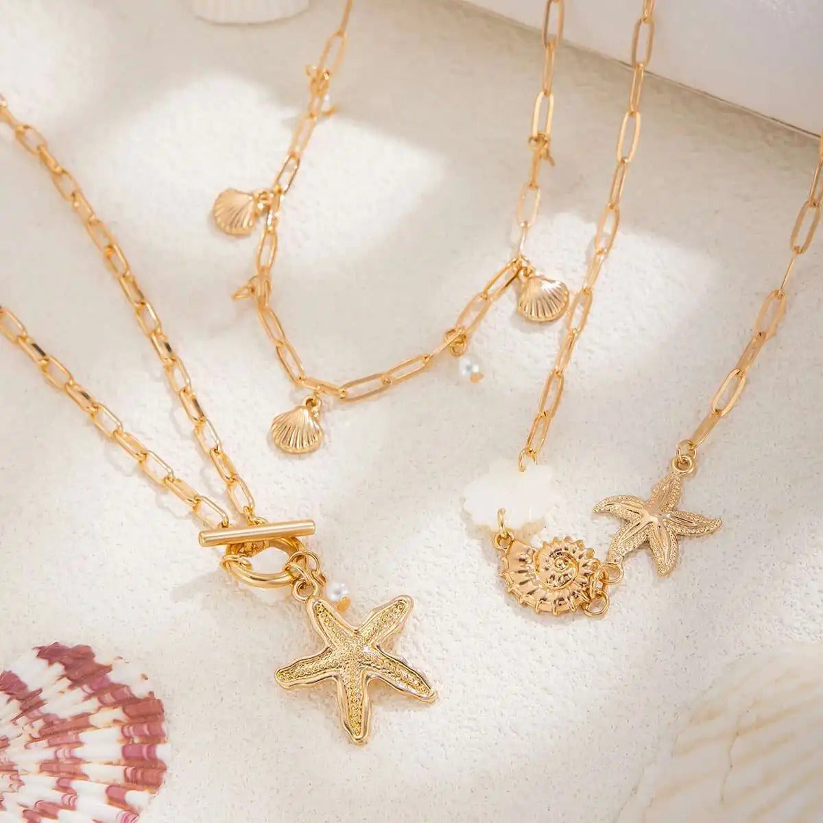 PuRui Trendy Exquisite Round Imitation Pearl Necklace for Women Conch Starfish Pendant 3Pcs/Set Metal Clavicle Chain Jewelry
