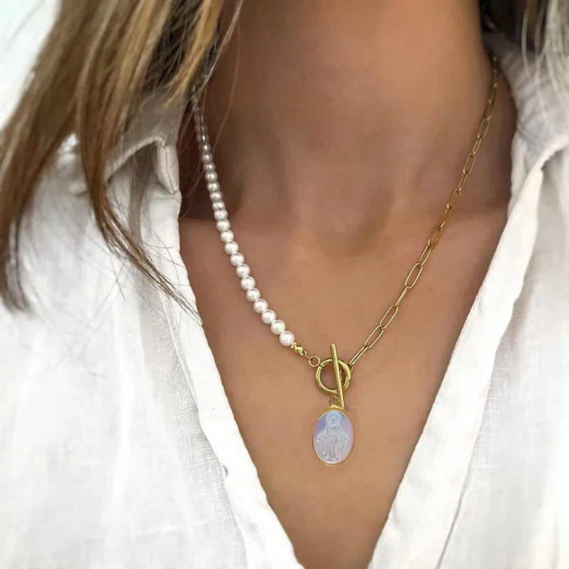 5Pcs Virgin Mary Pendant Necklace Choker Gold Plated Paperclip Link Chain Jewelry for Women Good Natural Pearl Necklaces Femme