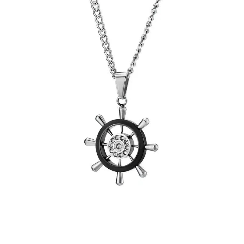 Retro Stainless Steel Steering Wheel Necklace Hip-hop Men's Rhinestone Boat Rudder Pendants Couple Travel Party Jewelry Gift