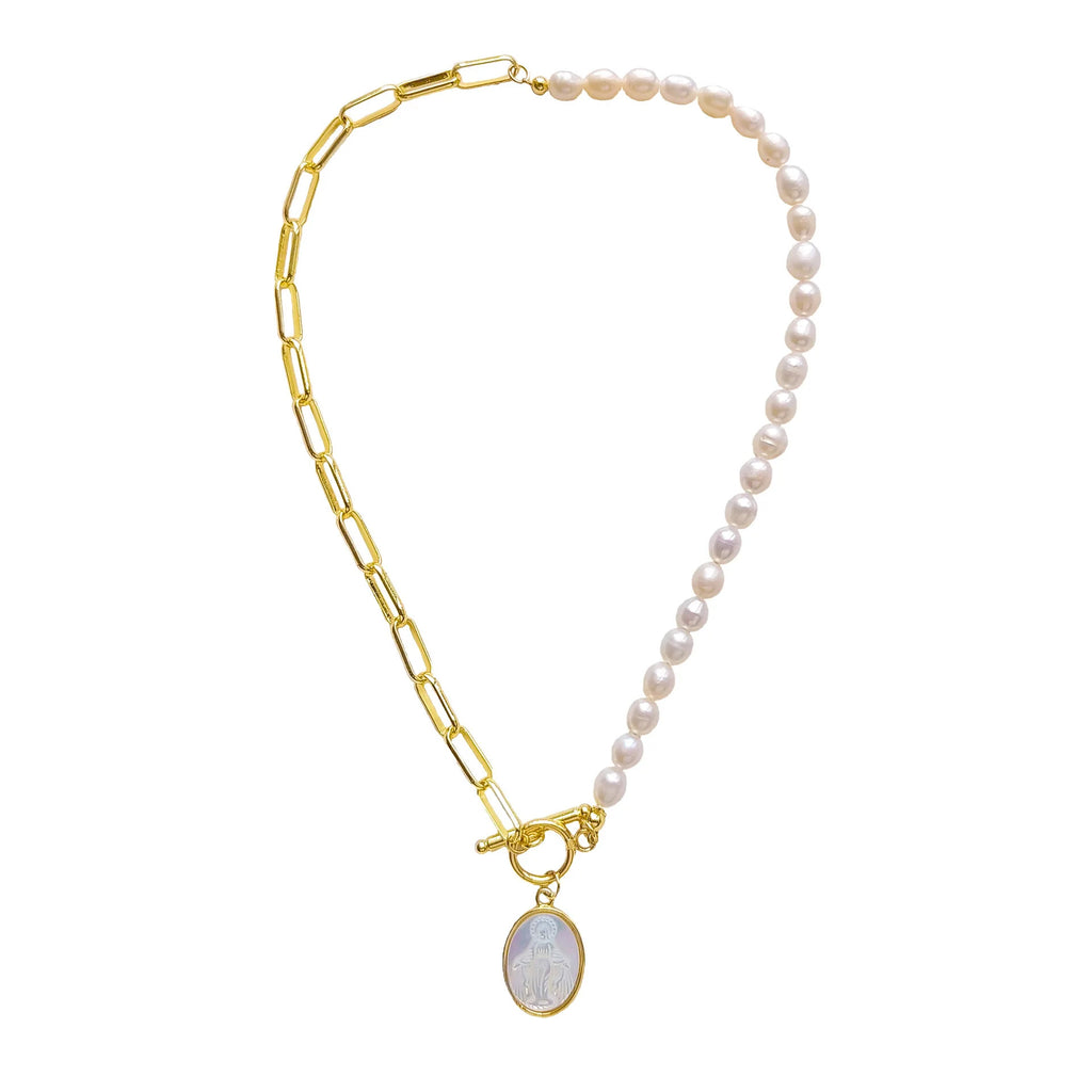 5Pcs Virgin Mary Pendant Necklace Choker Gold Plated Paperclip Link Chain Jewelry for Women Good Natural Pearl Necklaces Femme