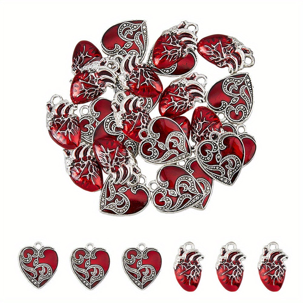 OLYCRAFT 1 Box 24 Pieces 2 Styles Alloy Enamel Pendant, Heart Pendant, Silver 24~25x16~20x2~4mm, Hole Diameter: 2.2~2.5mm, Each Style 12 Pieces