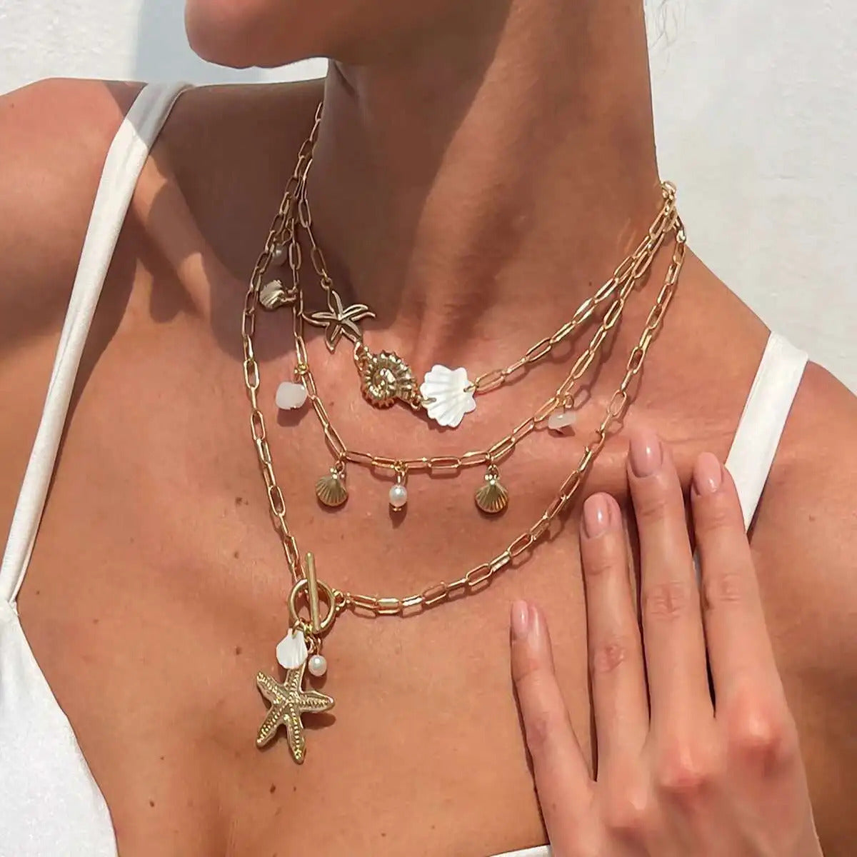 PuRui Trendy Exquisite Round Imitation Pearl Necklace for Women Conch Starfish Pendant 3Pcs/Set Metal Clavicle Chain Jewelry