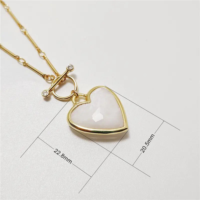 FUWO Wholesale Natural Moonstone Necklace,Love Heart Shaped White Quartz With 17"/22" Golden Stick OT Chain Jewelry 5 Pcs NC477