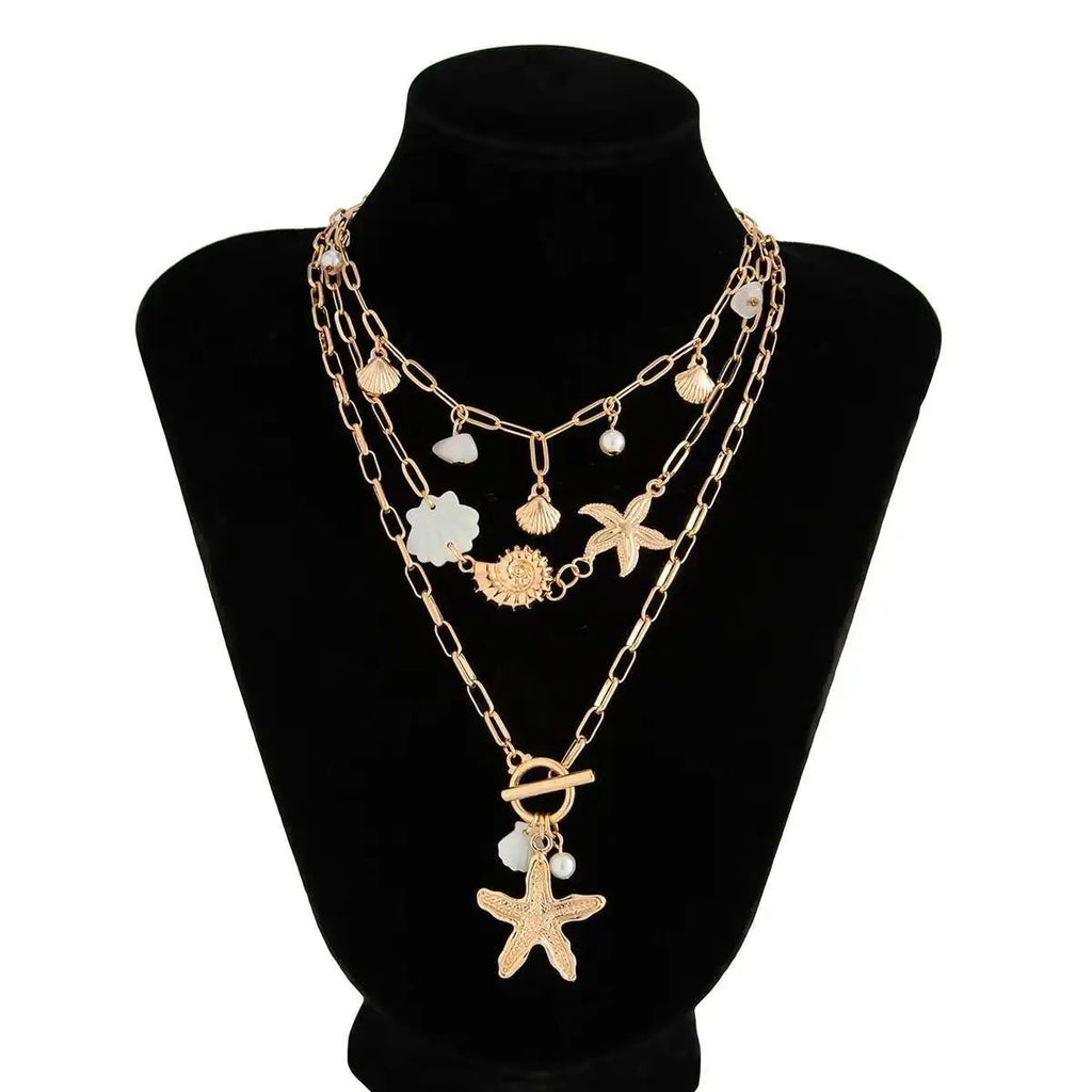PuRui Trendy Exquisite Round Imitation Pearl Necklace for Women Conch Starfish Pendant 3Pcs/Set Metal Clavicle Chain Jewelry