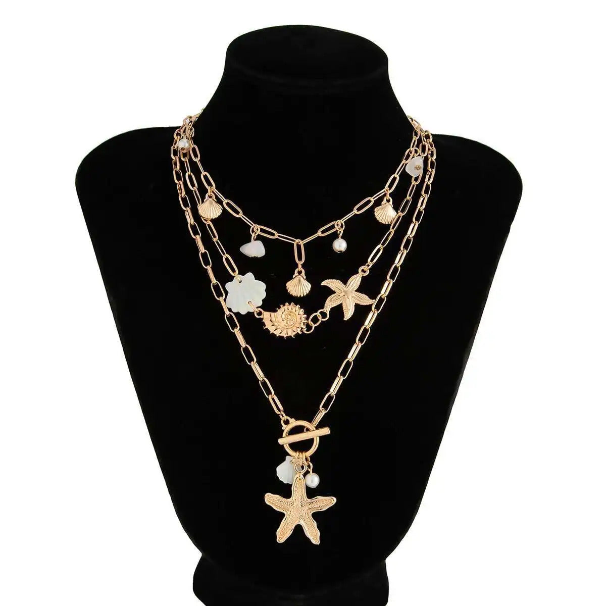 PuRui Trendy Exquisite Round Imitation Pearl Necklace for Women Conch Starfish Pendant 3Pcs/Set Metal Clavicle Chain Jewelry
