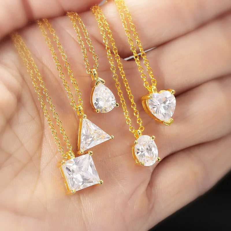 Geometry Crystal Pendant Necklace For Women Round Heart Gold Color Choker Chain Zircon Necklaces Korean Minimalist Jewelry N481