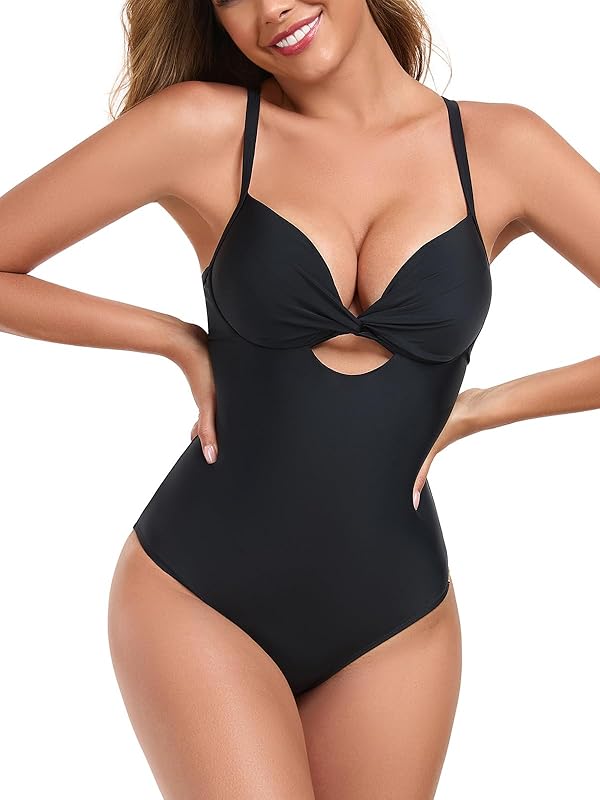 Women’s Push Up One Piece Swimsuit Twist Front Cutout Adjustable Straps Swimwear