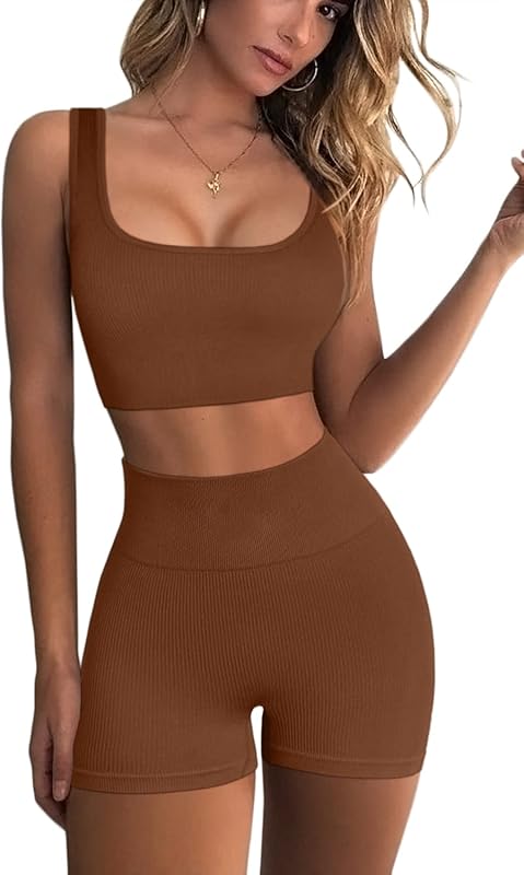 Workout Sets for Women 2 Piece Seamless Ribbed Crop Tank High Waist Shorts Yoga Outfits