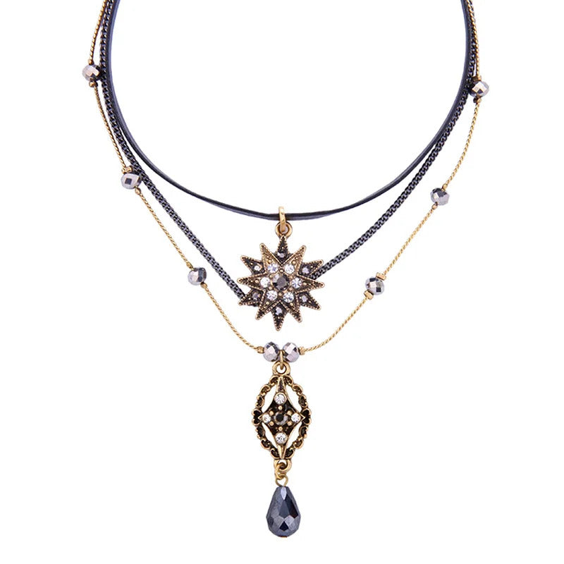 Women Necklace Multi 3 Layer Gothic PU Leather Choker Vintage Chain Metal Stone Star Cross Drop Pendant Lady Separated Necklaces