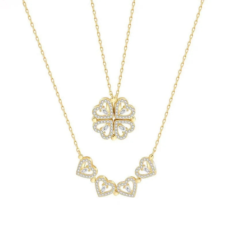 Classic Two Kinds of Wear Fashion Fold Love Heart Pendant Necklace for Women Inlaid Zircon Lucky Jewelry Girls Wendding Gift