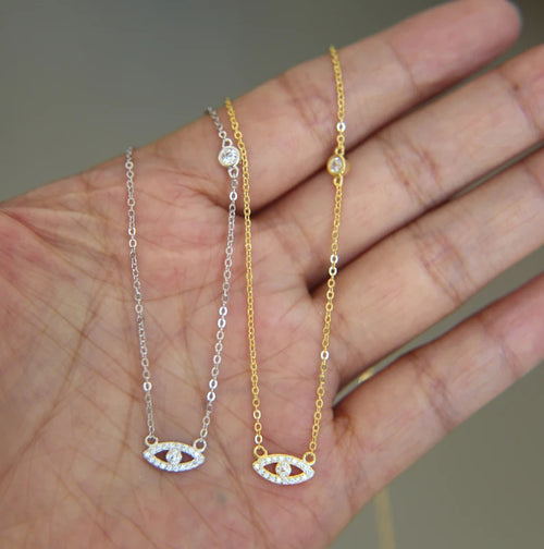 100% 925 Sterling Silver Minimal Delicate Micro Pave Clear CZ Link Chain Cute Lovely Turkish Evil Eye Cross Charm Necklace
