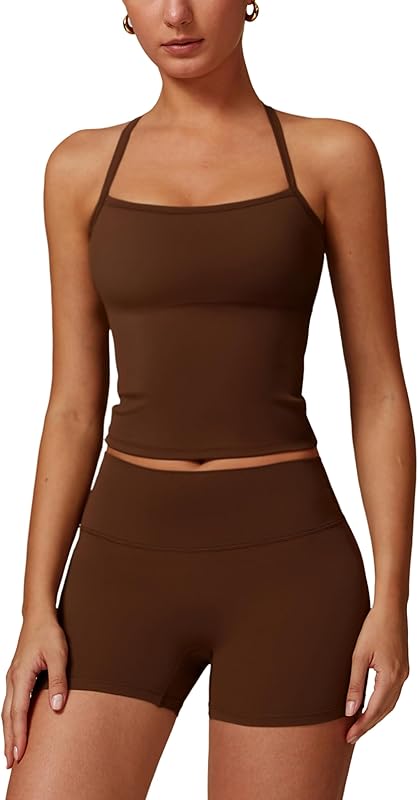 Workout Sets for Women 2 Piece Padded Sports Bra Tank High Waist Booty Gym Shorts Active Yoga Outfits