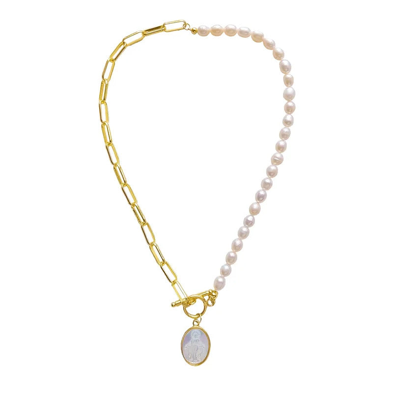 5Pcs Virgin Mary Pendant Necklace Choker Gold Plated Paperclip Link Chain Jewelry for Women Good Natural Pearl Necklaces Femme