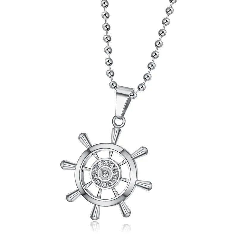 Retro Stainless Steel Steering Wheel Necklace Hip-hop Men's Rhinestone Boat Rudder Pendants Couple Travel Party Jewelry Gift