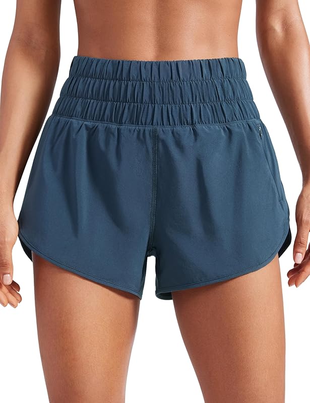 YOGA High Waisted Dolphin Running Shorts for Womens Mesh Liner for Gym Workout Athletic with Zipper Pocket