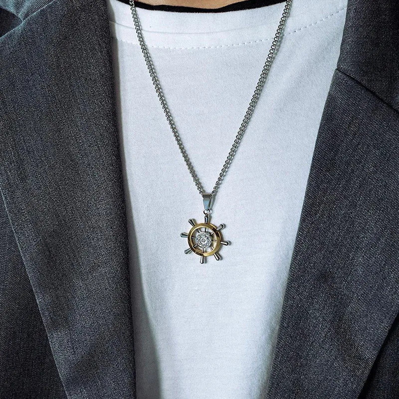 Retro Stainless Steel Steering Wheel Necklace Hip-hop Men's Rhinestone Boat Rudder Pendants Couple Travel Party Jewelry Gift
