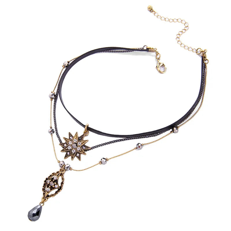 Women Necklace Multi 3 Layer Gothic PU Leather Choker Vintage Chain Metal Stone Star Cross Drop Pendant Lady Separated Necklaces