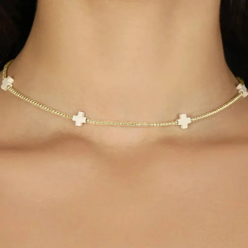 Vlen Christian Cross Necklace Choker Gold Plated Beaded Inspirational Faith Jewelry for Women Adjustable Religious Gift