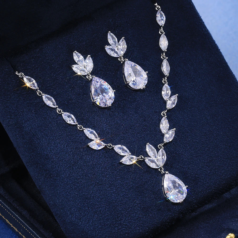 Huitan Fashion Necklace/Earring Jewelry Set Women Wedding Party High Quality Gorgeous Pear Shape Shiny Zircon Valentines Gift