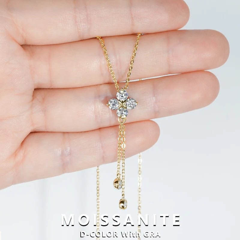 Lnngy 4mm&3mm Moissanite Diamond Necklace With GRA For Women 925 Sterling Silver Four Leaf Clover Tassel Pendant Necklaces Gift