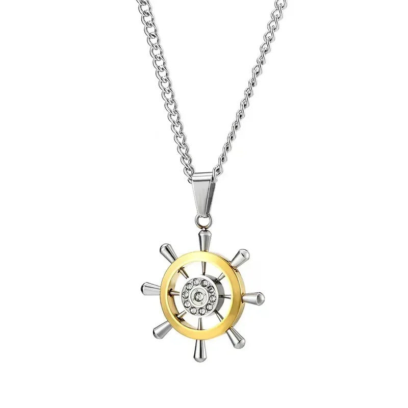Retro Stainless Steel Steering Wheel Necklace Hip-hop Men's Rhinestone Boat Rudder Pendants Couple Travel Party Jewelry Gift