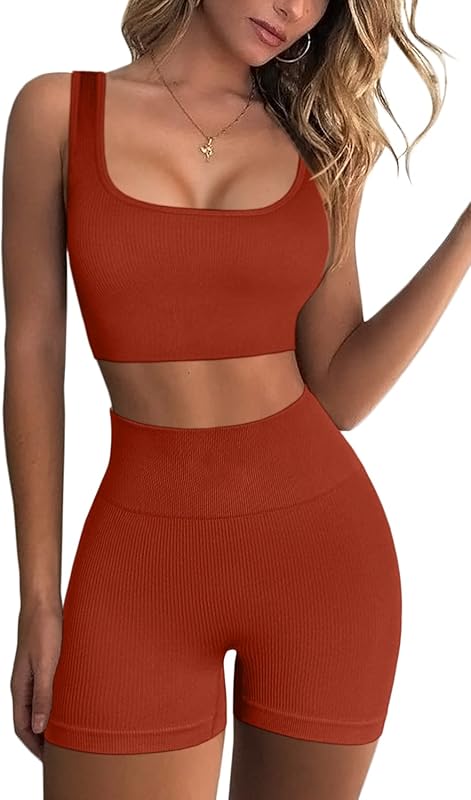 Workout Sets for Women 2 Piece Seamless Ribbed Crop Tank High Waist Shorts Yoga Outfits