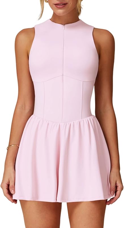Womens Tennis Golf Dress with Built-in Bra Shorts Zipper Slim Fit A-line Hem Skirt Athletic Dresses with Pockets