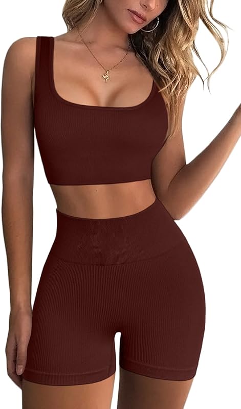 Workout Sets for Women 2 Piece Seamless Ribbed Crop Tank High Waist Shorts Yoga Outfits