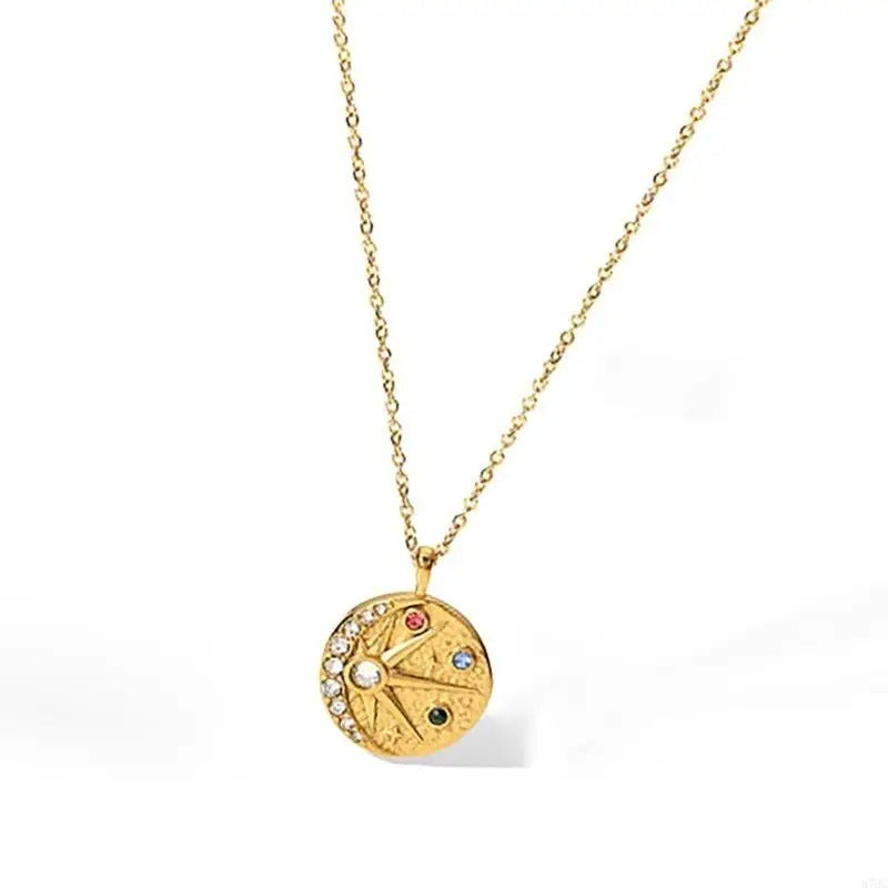 87HC Vintage Pendant Necklace Stainless Steel Neckchain with Cubic Zirconia