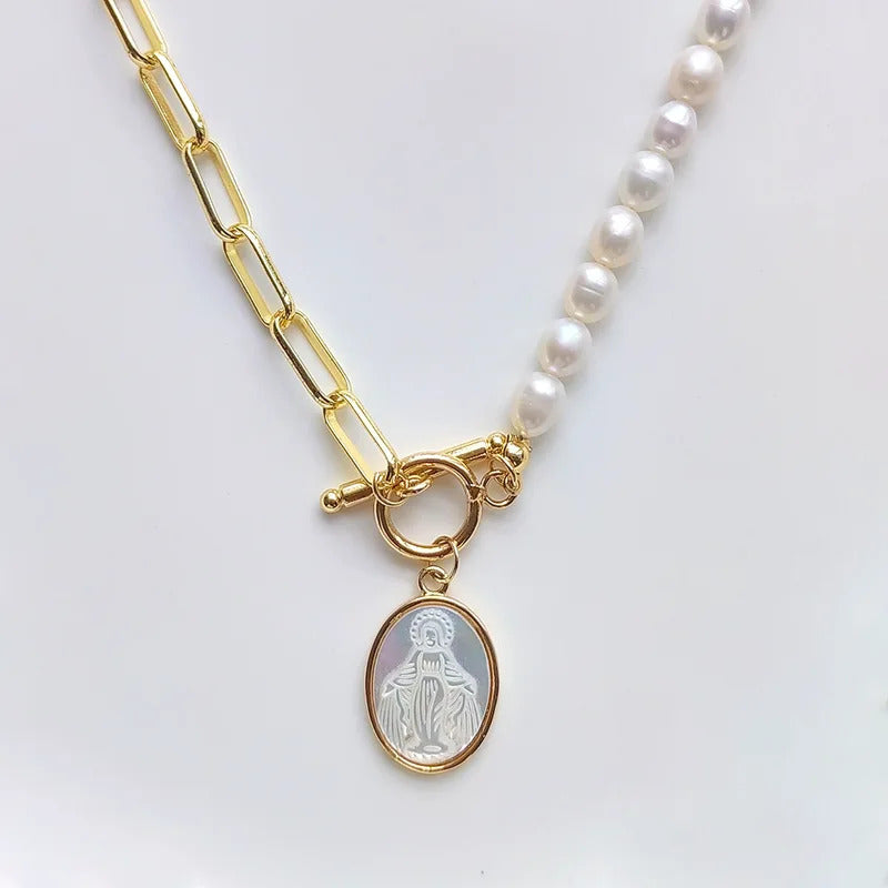5Pcs Virgin Mary Pendant Necklace Choker Gold Plated Paperclip Link Chain Jewelry for Women Good Natural Pearl Necklaces Femme