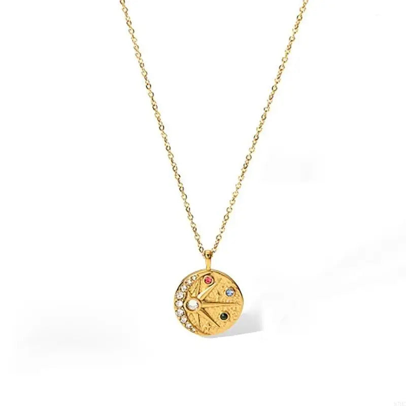 87HC Vintage Pendant Necklace Stainless Steel Neckchain with Cubic Zirconia