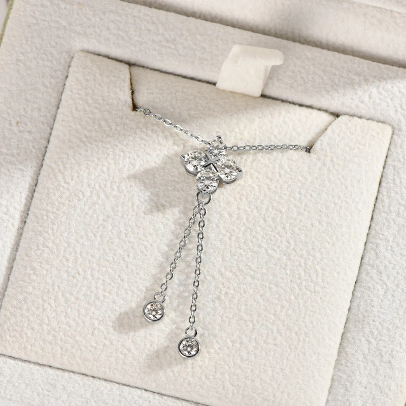 Lnngy 4mm&3mm Moissanite Diamond Necklace With GRA For Women 925 Sterling Silver Four Leaf Clover Tassel Pendant Necklaces Gift