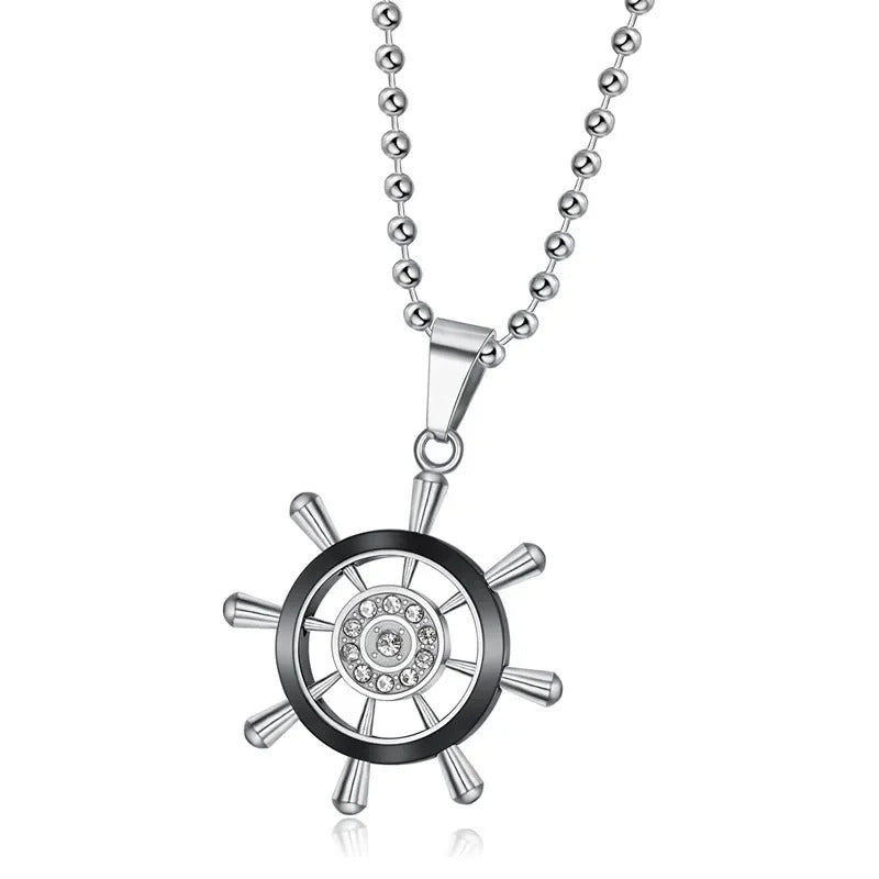 Retro Stainless Steel Steering Wheel Necklace Hip-hop Men's Rhinestone Boat Rudder Pendants Couple Travel Party Jewelry Gift