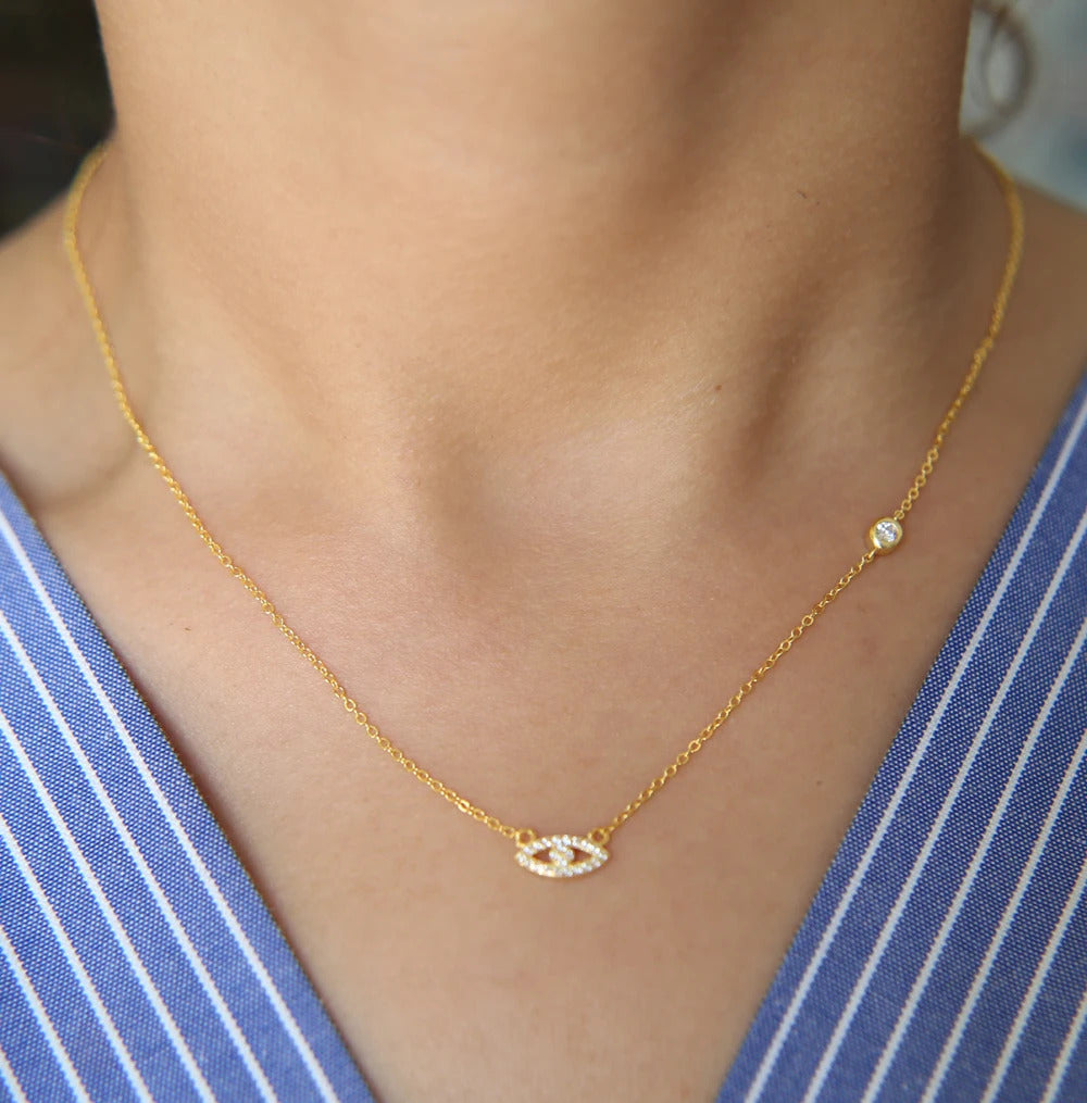 100% 925 Sterling Silver Minimal Delicate Micro Pave Clear CZ Link Chain Cute Lovely Turkish Evil Eye Cross Charm Necklace