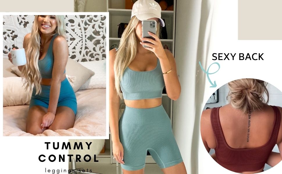 Workout Sets for Women 2 Piece Seamless Ribbed Crop Tank High Waist Shorts Yoga Outfits