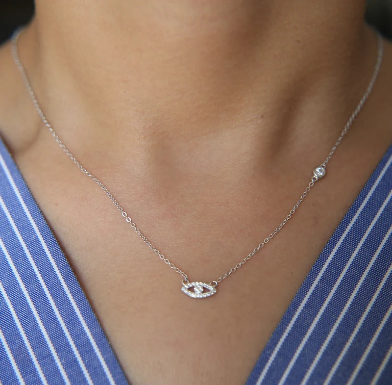 100% 925 Sterling Silver Minimal Delicate Micro Pave Clear CZ Link Chain Cute Lovely Turkish Evil Eye Cross Charm Necklace
