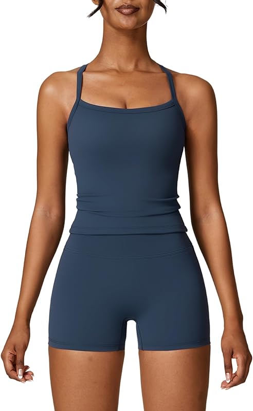 Workout Sets for Women 2 Piece Padded Sports Bra Tank High Waist Booty Gym Shorts Active Yoga Outfits