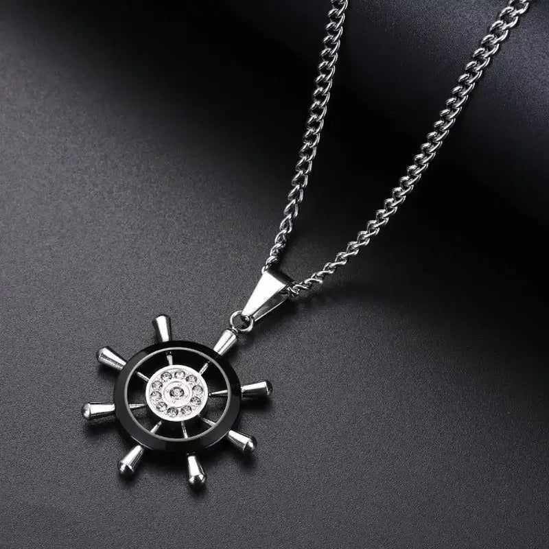 Retro Stainless Steel Steering Wheel Necklace Hip-hop Men's Rhinestone Boat Rudder Pendants Couple Travel Party Jewelry Gift
