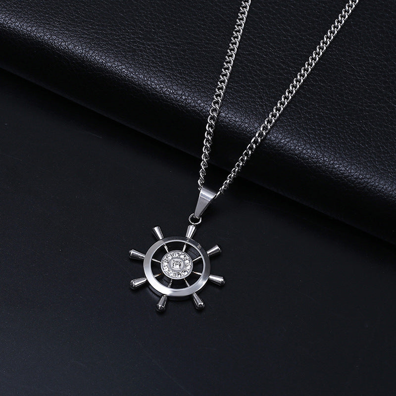 Retro Stainless Steel Steering Wheel Necklace Hip-hop Men's Rhinestone Boat Rudder Pendants Couple Travel Party Jewelry Gift