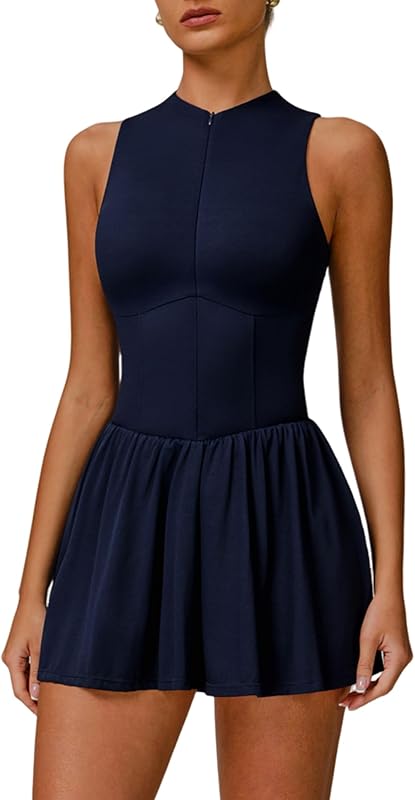 Womens Tennis Golf Dress with Built-in Bra Shorts Zipper Slim Fit A-line Hem Skirt Athletic Dresses with Pockets