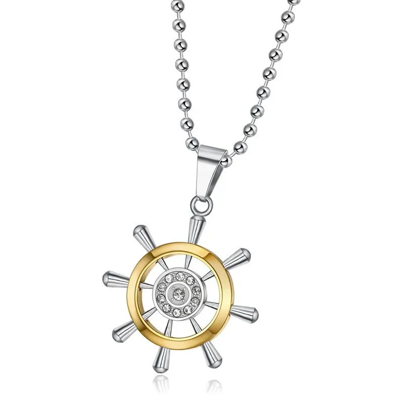 Retro Stainless Steel Steering Wheel Necklace Hip-hop Men's Rhinestone Boat Rudder Pendants Couple Travel Party Jewelry Gift
