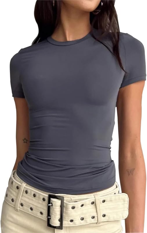 Women’s Basic Slim fit Crop Top Tee Shirt Short Sleeve Workout Round Neck Cropped Tshirt