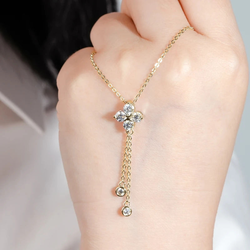 Lnngy 4mm&3mm Moissanite Diamond Necklace With GRA For Women 925 Sterling Silver Four Leaf Clover Tassel Pendant Necklaces Gift